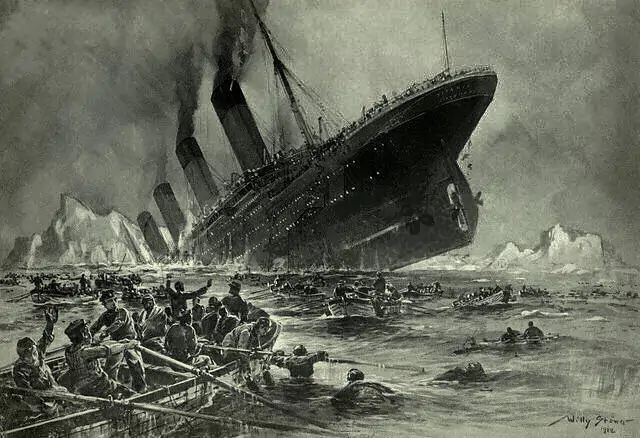 Illustration du naufrage du Titanic dans l'océan Atlantique Nord après avoir heurté un iceberg