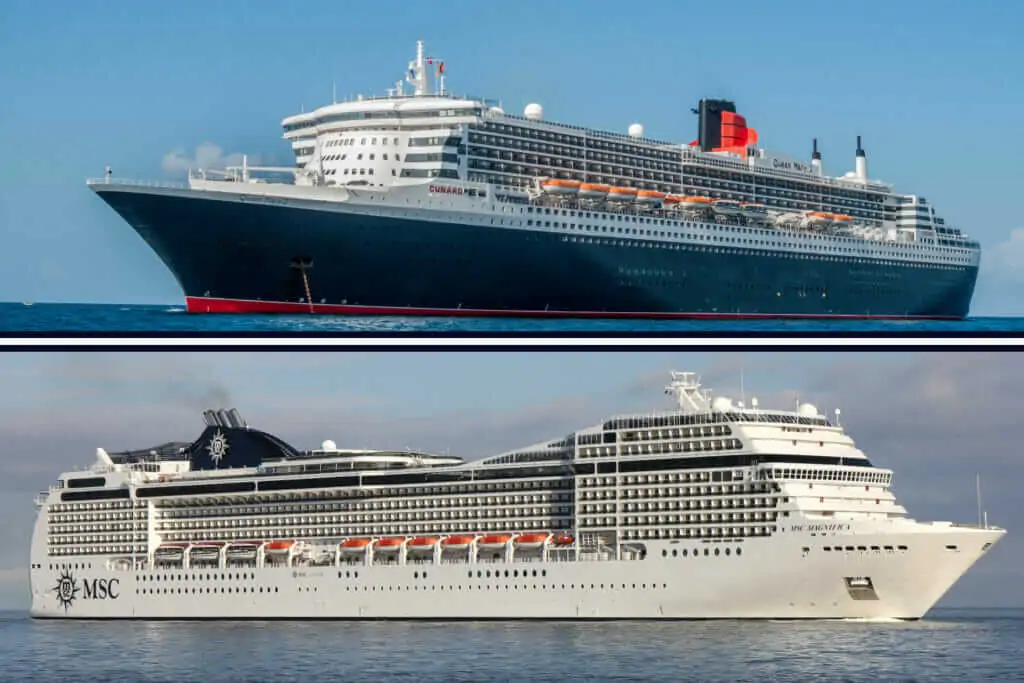 Comparaison des navires de croisière Queen Mary 2 et MSC