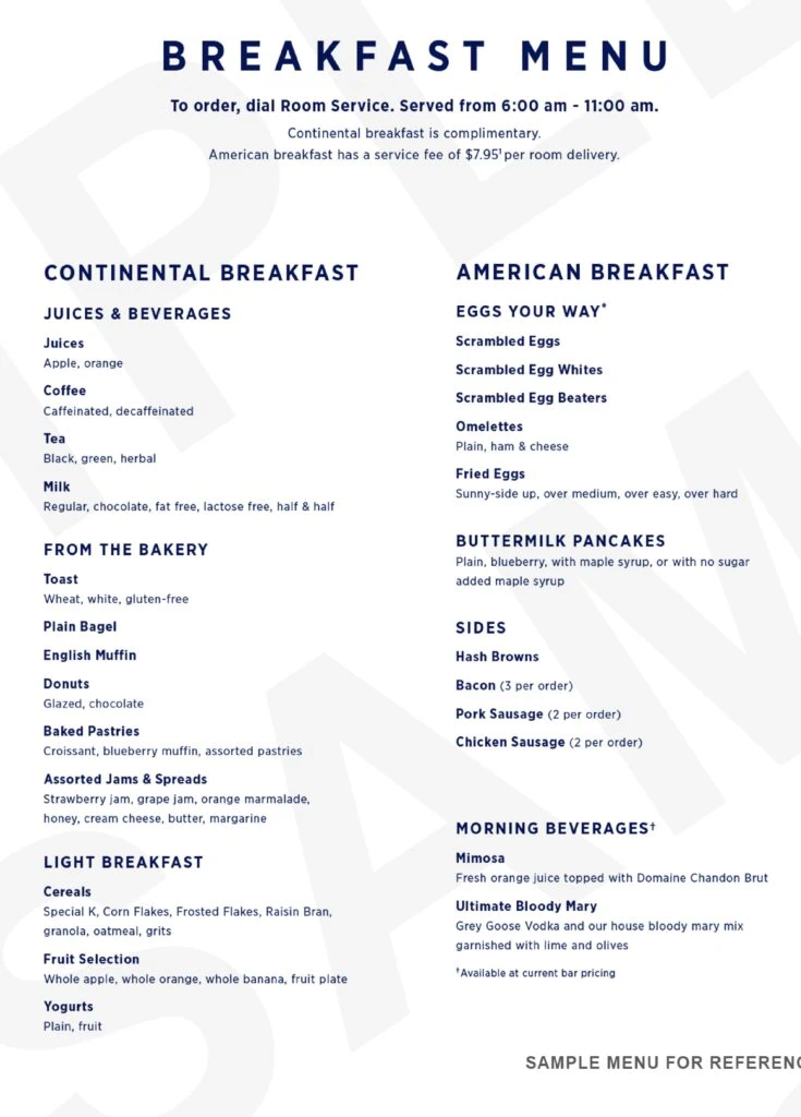 Menu du service de chambre du petit-déjeuner Royal Caribbean